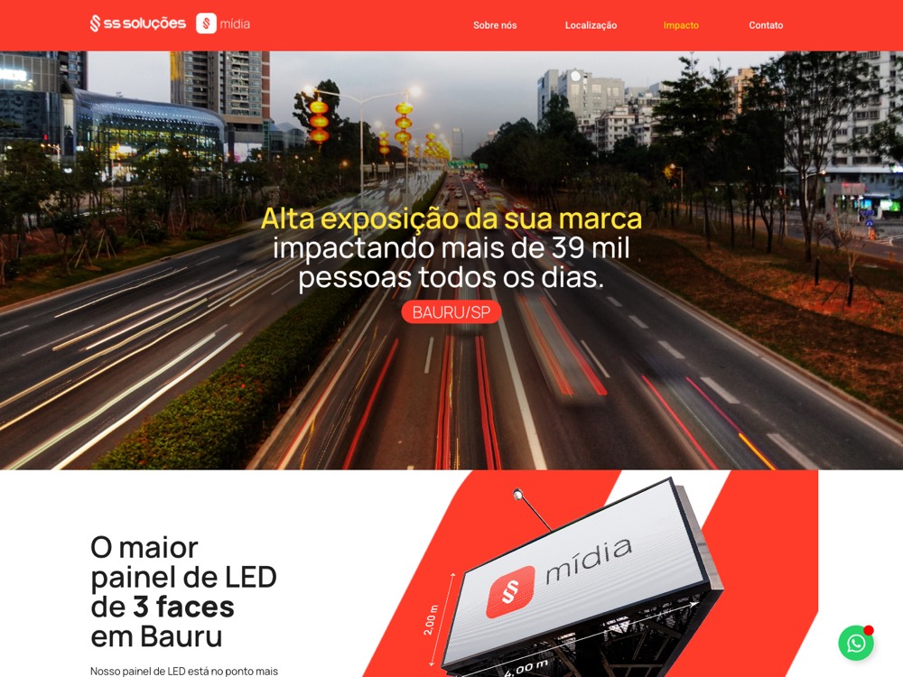 Home do site da SS Soluções Mídia, com o painel de LED de Bauru