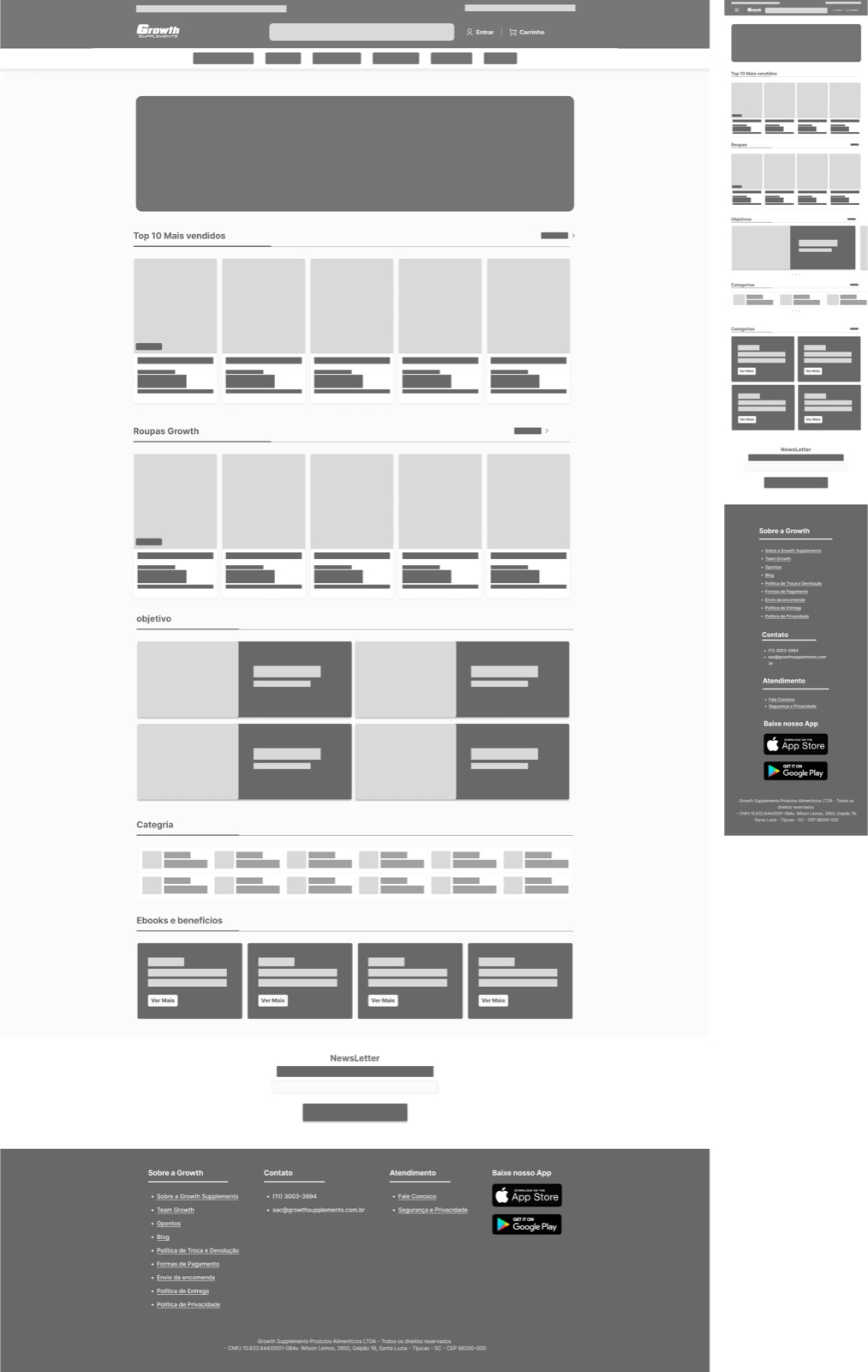 Wireframe de média fidelidade da nova home, com as seções anotadas.