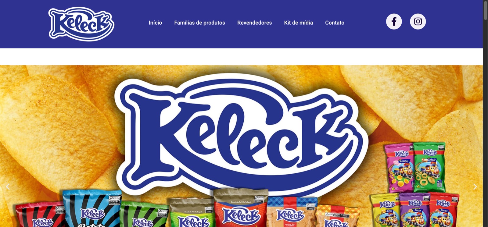 Home do site antigo da Keleck, com carrossel de embalagens ocupando a tela