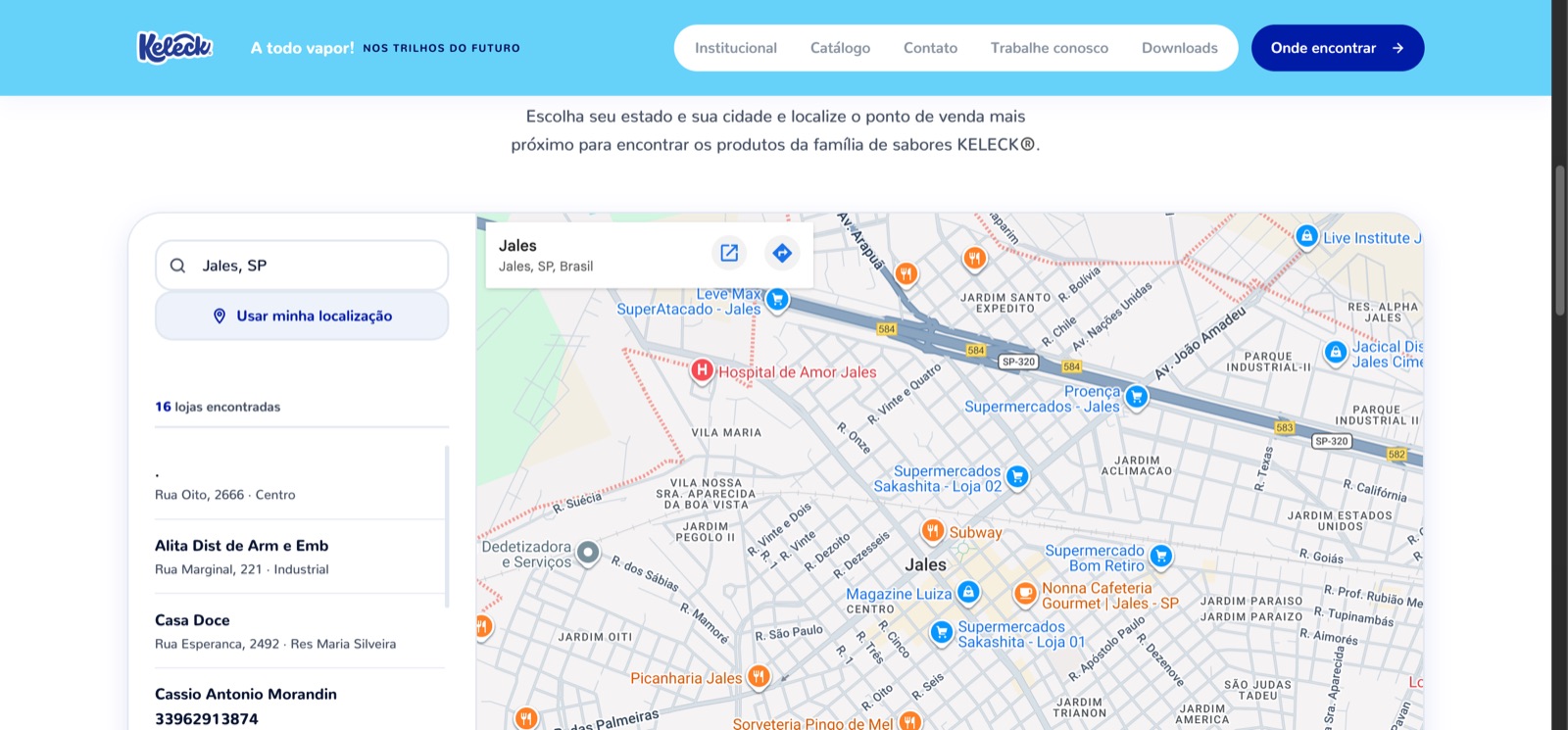 Página Quero Keleck do site novo, com busca por cidade, botão de localização, lista de lojas com endereço e mapa com os pontos marcados